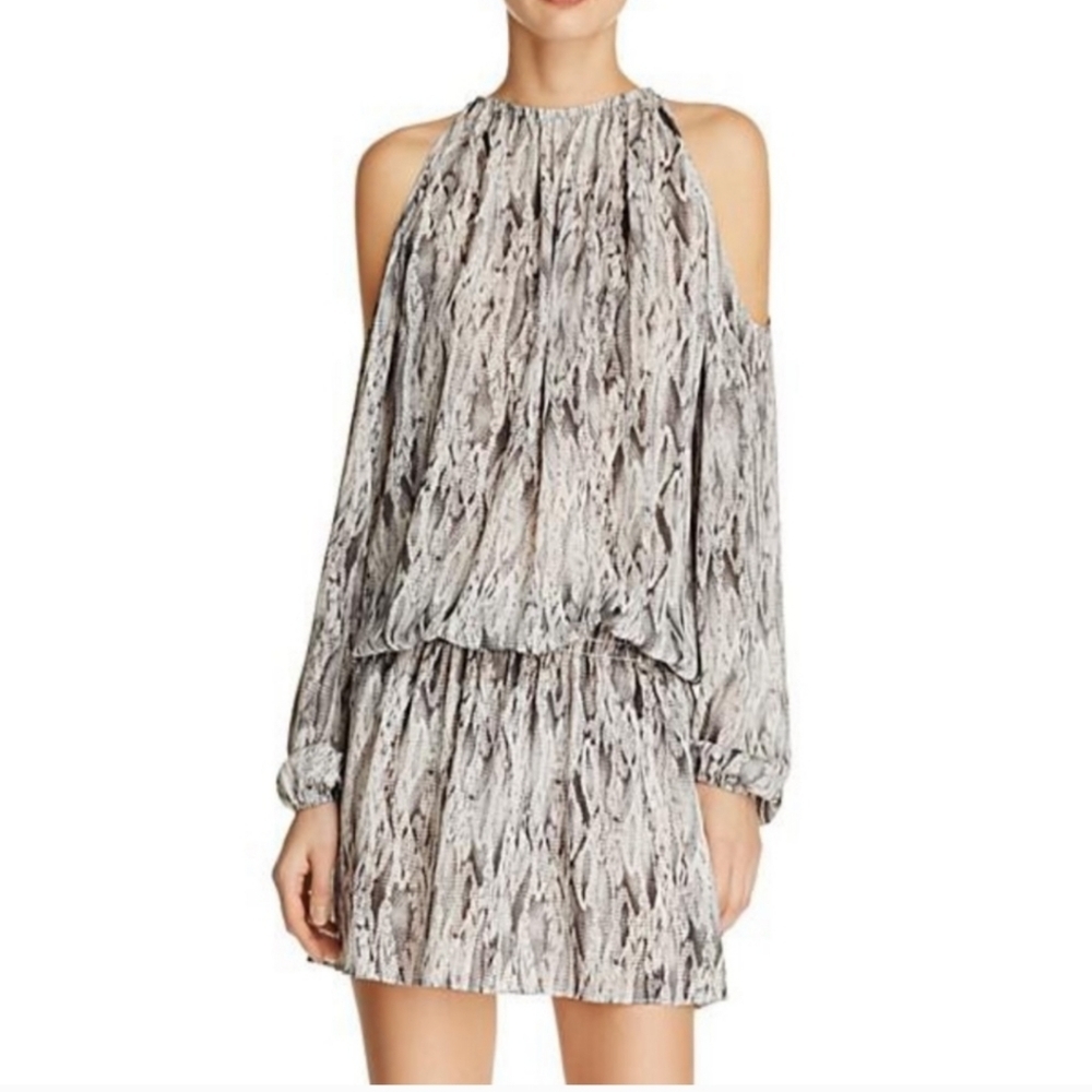 Ramy Brook 100% Silk Mini Dress Cold Shoulder Long Sleeve Grey Python Size SMALL